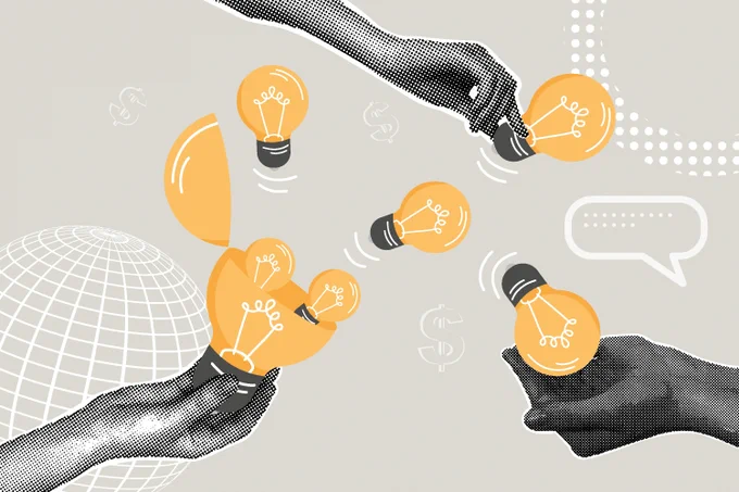 Three hands shown holding yellow light bulbs (some within a larger light bulb) on a beige background with a chat bubble indicating new ways of thinking.