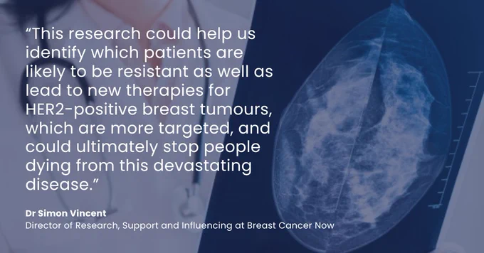 A news quote card with a navy blue background with a transparent image of someone in a lab coat looking at a scan. The quote is in white text and reads "This research could help us identify which patients are likely to be resistant as well as lead to new therapies for HER2-positive breast tumours, which are more targeted, and could ultimately stop people dying from this devastating disease.” Dr Simon Vincent, Director of Research, Support and Influencing at Breast Cancer Now.