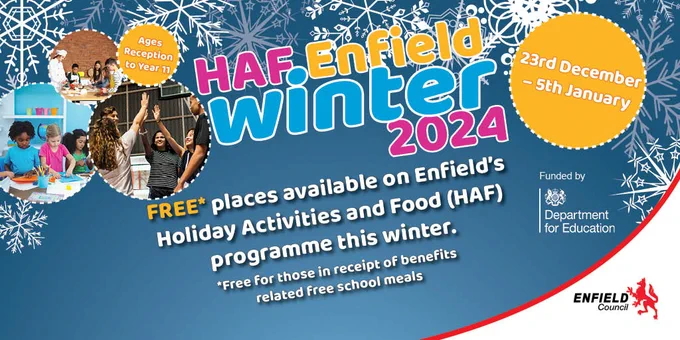 HAF Enfield Winter 2024 
Illustration with photo images of children and young people involved in activities 
