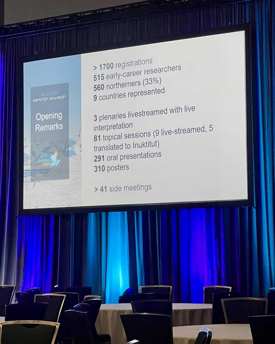 Photo of ArcticNet opening remarks presentation slide that says: 

“> 1700 registrations
515 early-career researchers
560 northerners (33%)
9 countries represented
3 plenaries livestreamed with live interpretation
81 topical sessions (9 live-streamed, 5 translated to Inuktitut)
291 oral presentations
310 posters
> 41 side meetings