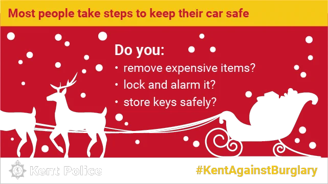The image shows an image of Sant's sleigh and reindeer in the snow.

The text reads:
Do you:
remove expensive items?
lock and alarm it?
store keys safely?
