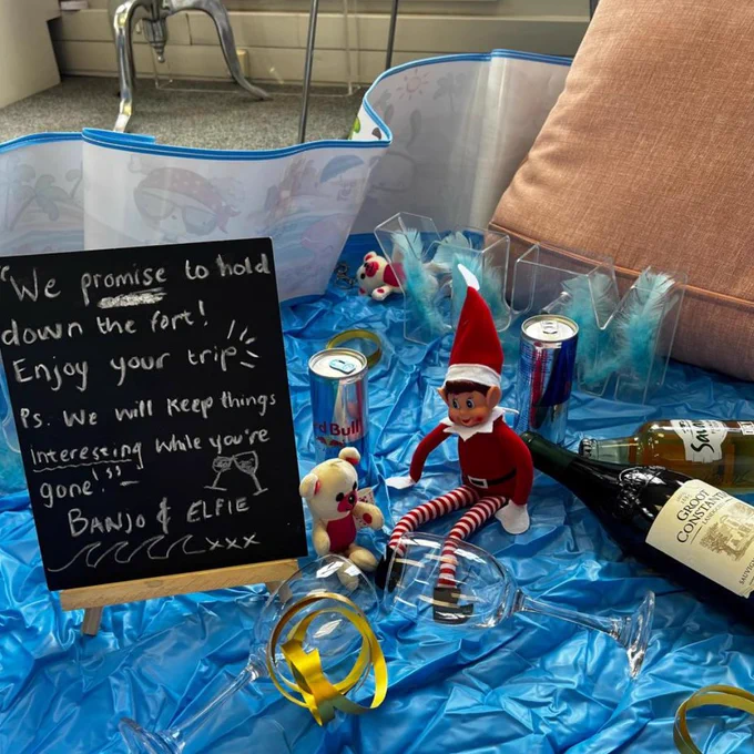 Banjo and Elfie are making sure Amanda can travel stress-free! 🌟 Before heading off, they set up a mini pool party to celebrate, but not before promising to hold down the fort in the office while she is away. 💼🔥 We have full confidence they’ll keep things running smoothly (with some fun breaks along the way, of course). 😜  Safe travels, [Boss's Name], we’ve got it from here! 🌴 - Banjo and Elfie   #BabyYumYum #BYY #Elfontheshelf #elf #Banjo ##HoldingDownTheFort #WorkdayFun