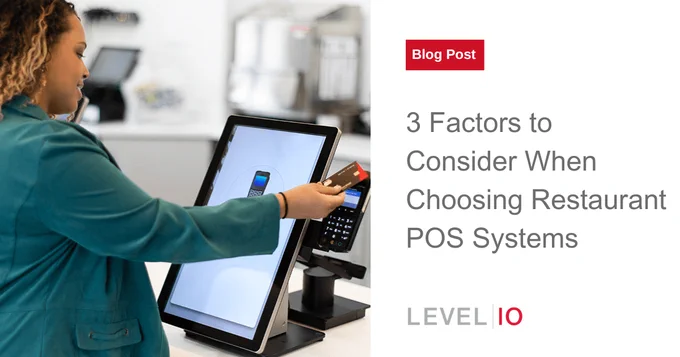 On the left, a woman uses a payment terminal at a kiosk in a restaurant. On the right, text reads "Blog Post 3 Factors to Consider When Choosing Restaurant POS Systems."