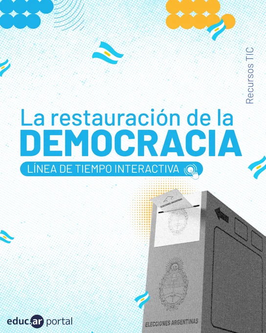 Recursos TIC. Sobre un fondo celeste, dice: «La restauración de la democracia. Línea de tiempo interactiva». Desde abajo a la izquierda se alza una gran urna de votación. Alrededor, flamean victoriosas pequeñas banderas argentinas. Logo del portal educ.ar.