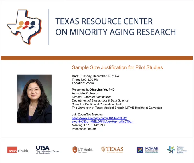 Texas Resource Center on MInority Aging Research
Sample Size Justification for PIlot Studies
photo of Dr. Yu, presenter, and details for lecture