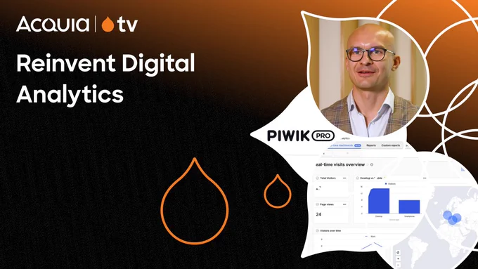 Promotional image for Acquia TV featuring a person smiling next to a screen displaying PIWIK PRO analytics dashboard, with the heading 'Reinvent Digital Analytics'.