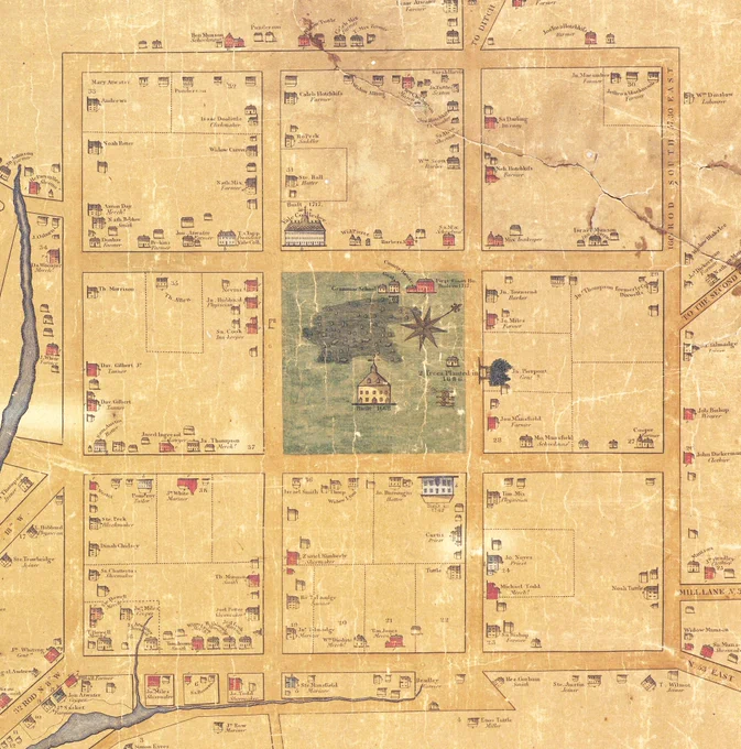
1806 map by Wadsworth showing New Haven town layout of 1748, courtesy of Yale Beinecke Rare Book & Manuscript Library. Yellowed map showing nine-square grid of the city, town green with graves and church in the center, surrounded by twelve squares dotted with houses of leading families.
