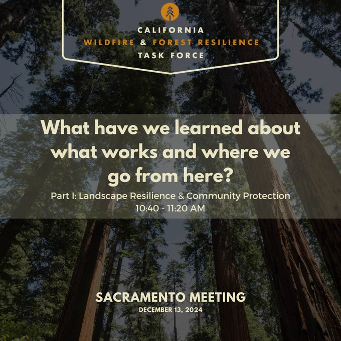 Image with a forest with graphic elements overlaid including Task Force’s logo and the text, “What have we learned about what works and where do we go from here? Part 1: Landscape Resilience & Community Protection, 10:40-11:20 am, Sacramento Meeting, and December 13, 2024"