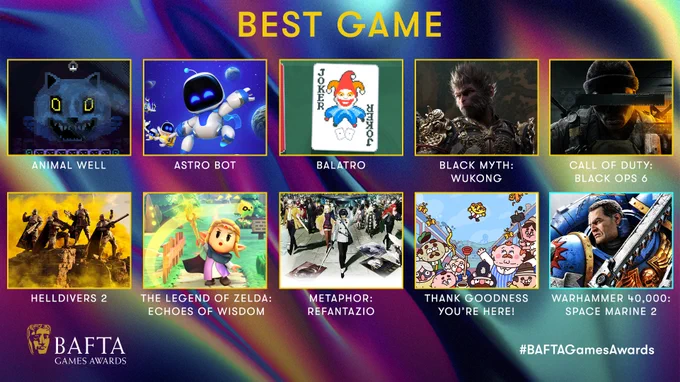 A graphic with an oil slick design background.

In the text at the top it says Best Game.

There are ten images of games listed in alphabetical order. They are:

Top row (left to right)
Animal Well, Astro Bot, Balatro, Black Myth: Wukong, Call of Duty: Balck Ops 6

Bottom row (left to right)
Helldivers 2, The Legend of Zelda: Echoes of Wisdom, Metaphor: ReFantazio, Thank Goodness You’re Here!, Warhammer 40,000: Space Marine 2
