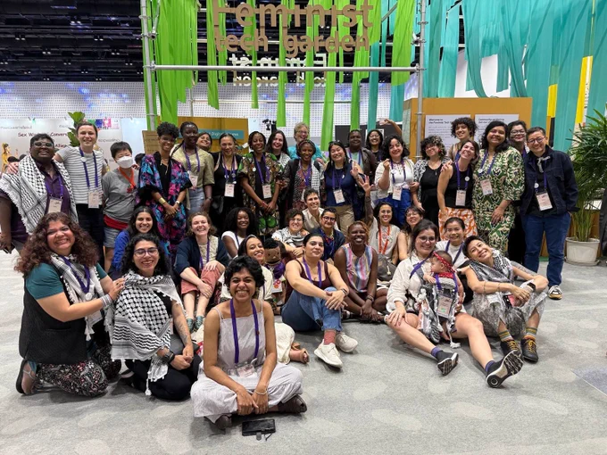 A group photo of Gardeners in the Feminist Tech Garden - festival space.