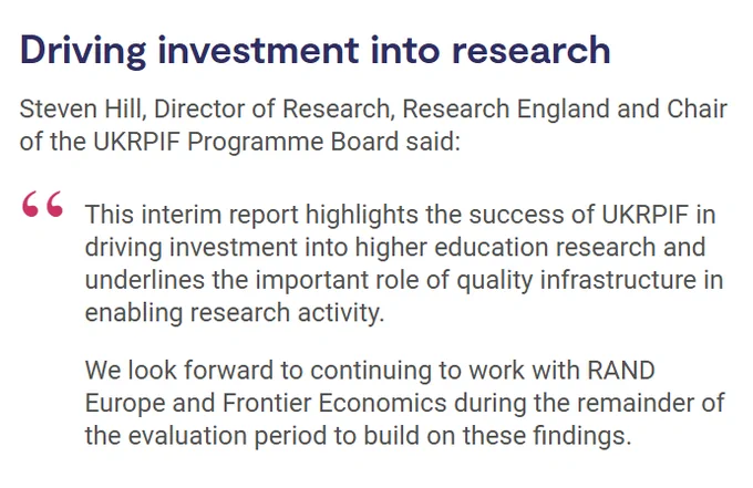 Driving investment into research

Steven Hill, Director of Research, Research England and Chair of the UKRPIF Programme Board said:

This interim report highlights the success of UKRPIF in driving investment into higher education research and underlines the important role of quality infrastructure in enabling research activity.

We look forward to continuing to work with RAND Europe and Frontier Economics during the remainder of the evaluation period to build on these findings.