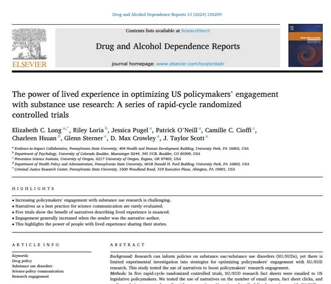 Screenshot of the first page of the DADR paper "The power of lived experience in optimizing US policymakers’ engagement with substance use research: A series of rapid-cycle randomized controlled trials"