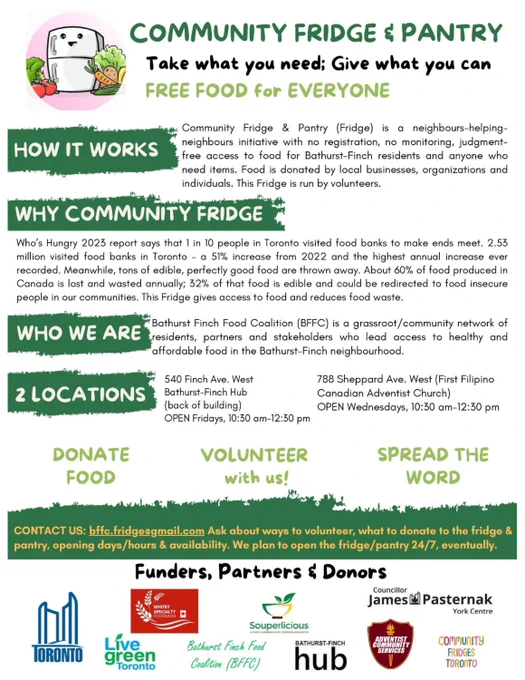 Community fridge pantry flyer highlighting food sharing initiatives and encouraging local participation for mutual support.