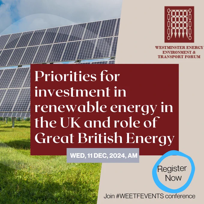 Solar panels on grass, with a beige and burgundy graphic, with the title reading "Priorities for investment in renewable energy in the UK and role of Great British Energy". 