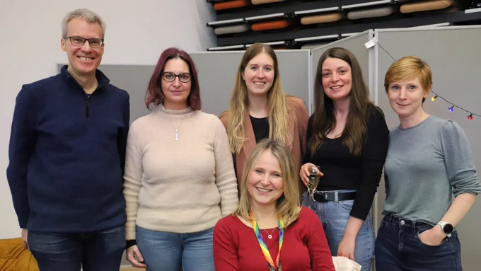 Gill Maddy (front) with School colleagues Prof Philip Best (Head of School), Yolanda Zapata (Head of Student Support), Elie Lehouillier (Staffing Support Administrator), Leigh Crossan (Staffing Support Officer) and Joanna Richards (Deputy Director of Professional Services).