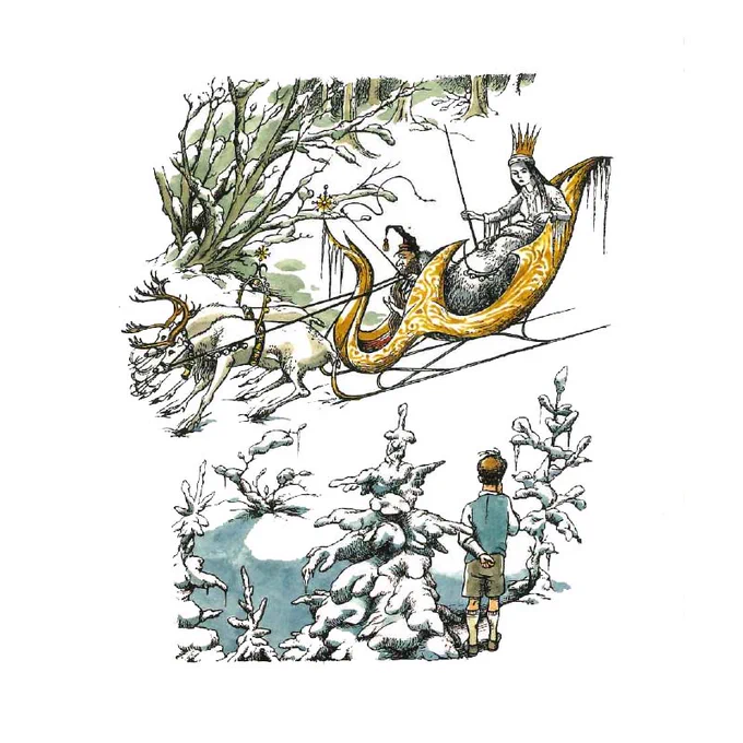 Illustration by Pauline Baynes of the White Witch on her sleigh, from the 1998 Collins publication of The Lion, the Witch and the Wardrobe by C.S. Lewis. © HarperCollinsPublishers Ltd 1998

