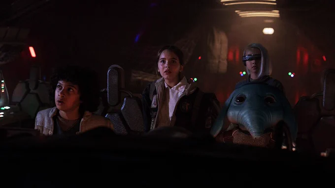 An image from Star Wars: Skeleton Crew.

The crew of the Onyx Cinder look on in surprise as they discovered they are a long way from home.

From left to right: Wim, Fern, Neel and KB.