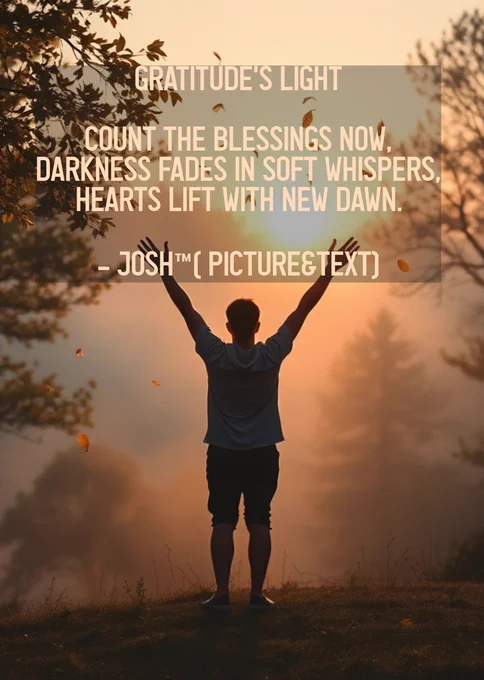 Gratitude's Light

Count the blessings now,
Darkness fades in soft whispers,
Hearts lift with new dawn..
©ʝՌ✔
