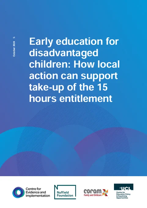The front cover of a report from CEI saying 'Early education for disadvantaged children: How local action can support take-up of the 15 hours entitlement'