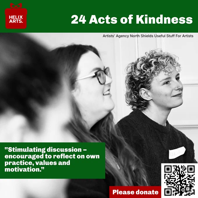 Acts of Kindness card number 10 – Useful Stuff for Artists. Black and white photo of artists at a recent Useful Stuff session at Helix Arts HQ in North Shields. Text reads: “Stimulating discussion – encouraged to reflect on own practice, values and motivation.” Also, QR code and text asking people to donate to Helix Arts.