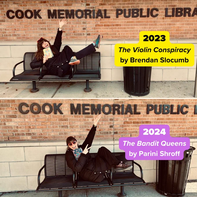 A person laying across a bench excitedly pointing at the Cook Memorial Public Library District sign. Text overlaid reads 2023 The Violin Conspiracy by Brendan Slocomb and 2024 The Bandit Queens by Parini Shroff.