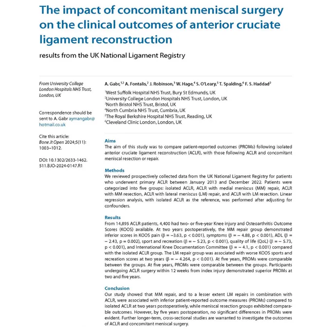 Bone & Joint Open. Abstract text for article titled 'The impact of concomitant meniscal surgery on the clinical outcomes of anterior cruciate ligament reconstruction'.