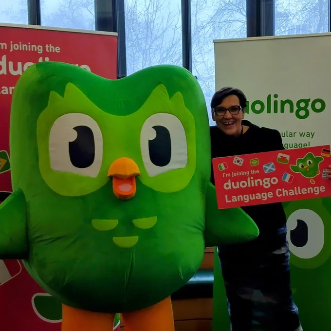 Tonia Antoniazzi MP launches Duolingo's Westminster Language Challenge with Duolingo's mascot Duo the Owl on Tue 10 Dec 2024.