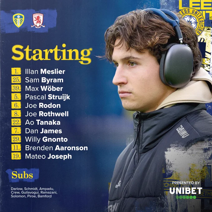 Starting XI: Meslier, Byram, Sober, Struijk, Rodon, Rothwell, Tanaka, James, Gnonto, Aaronson, Joseph