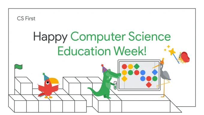 A colorful illustration featuring a crocodile, a bird, and a heron celebrating Computer Science Education Week. They are standing on blocks in front of a whiteboard with colorful shapes and symbols. The text "Happy Computer Science Education Week!" is prominently displayed.