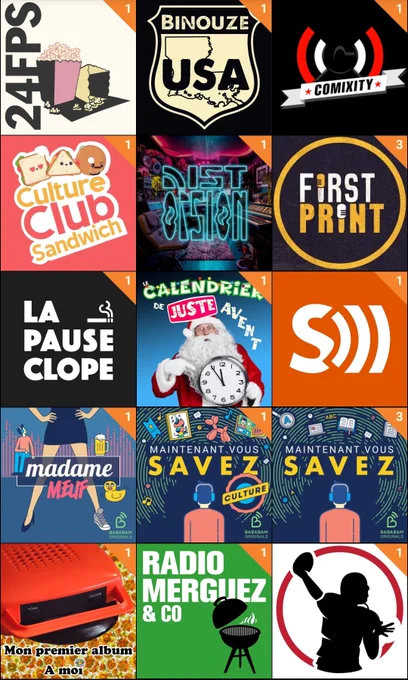Capture d'écran de l'application Podcast addict 
24 FPS
Bonjour USA
Comixity 
Culture club sandwich 
Distorsion 
First print 
La pause clope 
Le calendrier de juste avant 
Les Sondiers 
Madame Meuf
Maintenant vous savez
Mon premier album à moi
Radio merguez & Co
TD Actu
