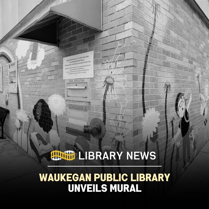 A mural on a brick wall featuring children and flowers. Library News: Waukegan Public Library Unveils Mural. 