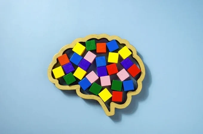 An outline of a brain made up of colorful blocks on a light blue background.