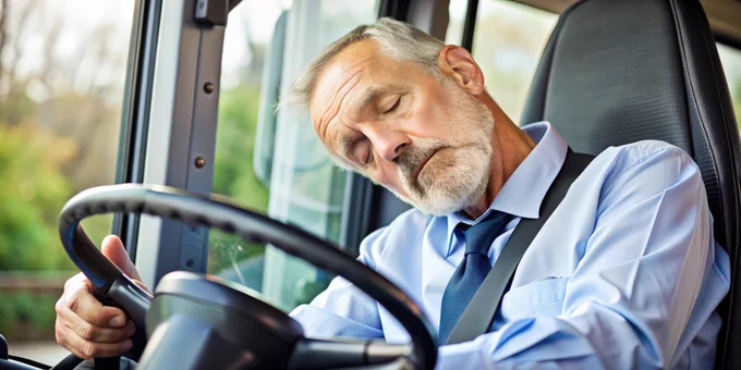 An elderly man, wearing a blue shirt and striped tie, is sitting in the driver's seat of a vehicle. He is leaning to the side with eyes closed, resting his head on his shoulder while gripping the steering wheel. The image suggests he may have fallen asleep while driving, and the background shows a glimpse of the outside through the vehicle window.