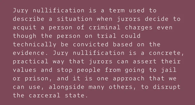 White text on a maroon background: “Jury nullification is a term used to describe a situation when jurors decide to acquit a person of criminal charges even though the person on trial could technically be convicted based on the evidence. Jury nullification is a concrete, practical way that jurors can assert their values and stop people from going to jail or prison, and it is one approach that we can use, alongside many others, to disrupt the carceral state.”