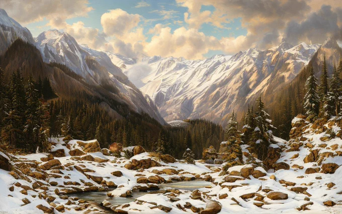 "a painting of a snowy mountain landscape with a stream running through it, surrounded by trees, rocks, and a house. The sky is filled with clouds and the mountains are covered in a blanket of snow."
