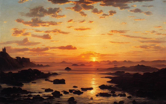 “a painting of a sunset over a body of water with a castle in the distance, surrounded by hills and rocks. The sky is filled with clouds and the sun is setting.”