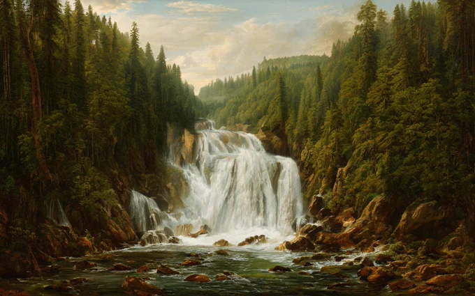 "an oil painting of a majestic waterfall in the middle of a lush green forest. The waterfall is surrounded by tall trees on either side, and the sky is filled with white, fluffy clouds. The water cascades down the rocks, creating a beautiful and serene atmosphere."