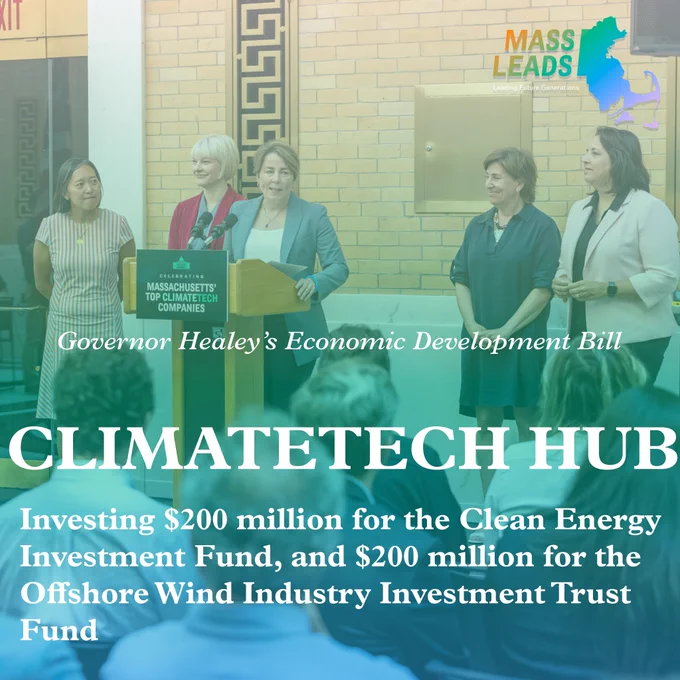Governor Healey, Lt. Governor Driscoll, EOED Secretary Yvonne Hao, EEA Secretary Tepper, and MassCEC CEO Reichert at podium. White text overlay: “Governor Healey’s Economic Development Bill. Climatetech Hub. Investing $200 million for the Clean Energy Investment Fund, and $200 million for the Offshore Wind Industry Investment Trust Fund.”