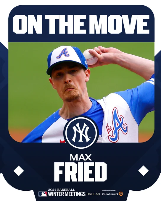 On The Move: Max Fried, Yankees
Pictured: Max Fried delivers a pitcher wearing a white and blue Braves uniform.
2024 Baseball Winter Meetings coverage presented by CohnReznick