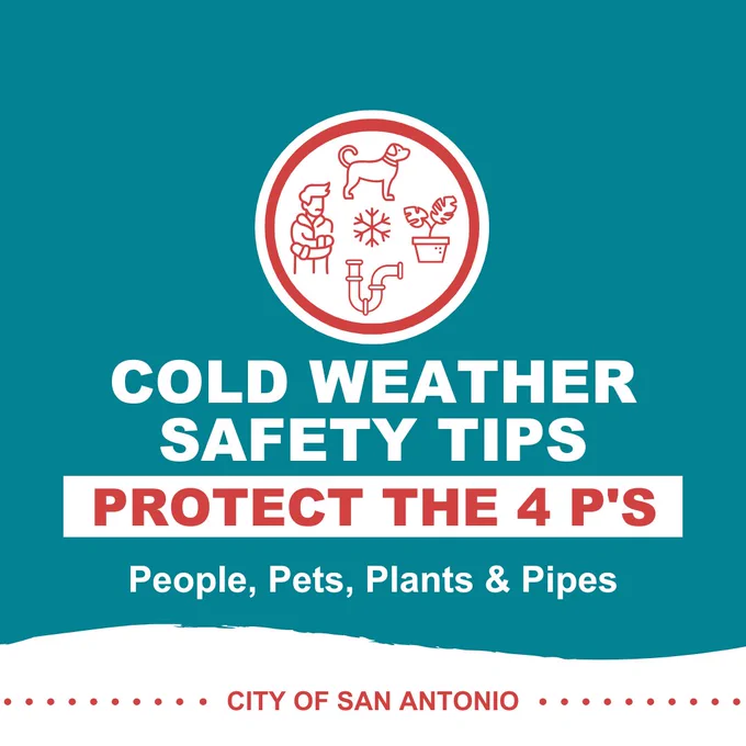 Graphic with icons of a pet, plant, pipe, and person. The caption reads "Cold Weather Safety Tips. Protect the 4 P's. People, Pets, Plants & Pipes. City of San Antonio."