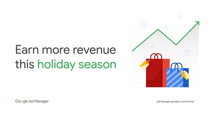 Text on left says Earn more revenue this holiday season. Illustration on the right shows an arrow trending up with gift bags under it. 