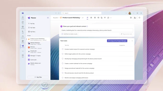 A screenshot of the Planner app in Microsoft Teams shows a list of tasks with a button to the upper right of the task list that reads, "Assign all to Project Manager." Background includes a colorful ribbon in shades of blue and purple.