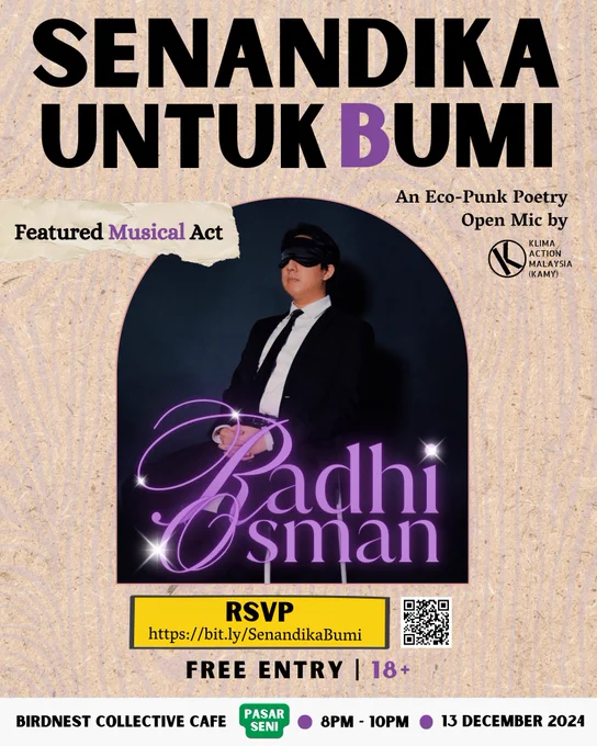 Event poster featuring Radhi Osman as musical act, shown in formal attire with sunglasses against a dark background. Event details: December 13, 2024, 8PM-10PM at Birdnest Collective Cafe, Pasar Seni. Free entry, 18 . RSVP QR code included.
