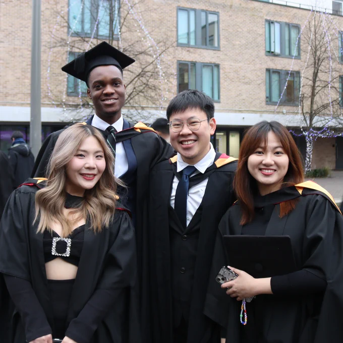 Graduands outside the Great Hall ahead of the first ceremony of winter graduations 2024 at Lancaster University
