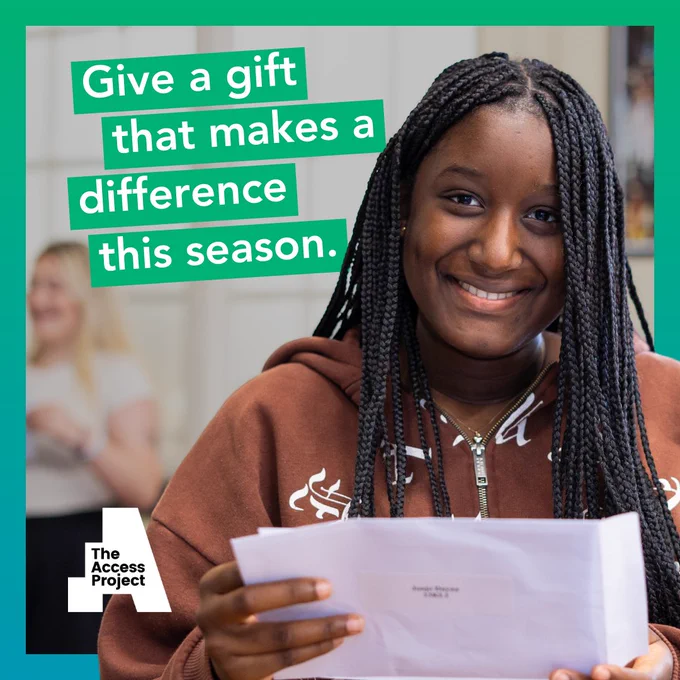 Female student at The Access Project holding envelope. Text reads: Give a gift that makes a difference this season.