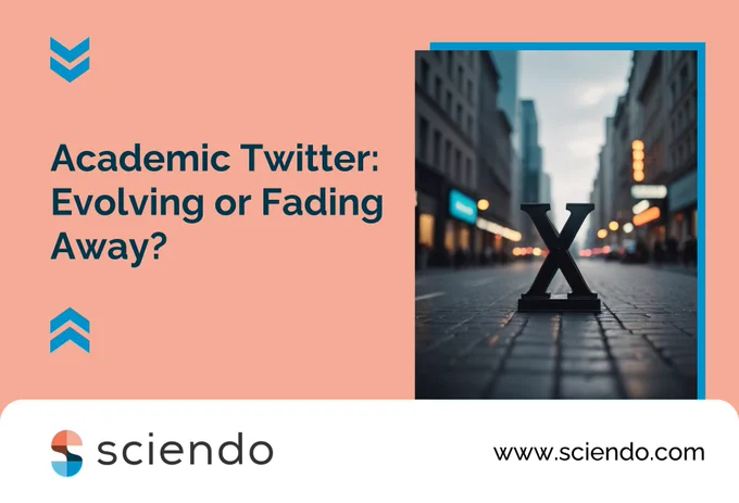 "Discussion on Academic Twitter: Evolving or Fading Away?", featuring the Sciendo logo and a cityscape background with a prominent 'X' symbol.