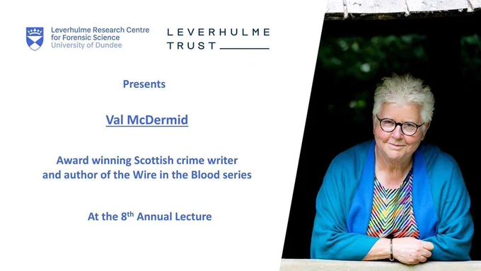 Headshot of Val McDermid. On the left are the logos for LRCFS and the Leverhulme Trust.