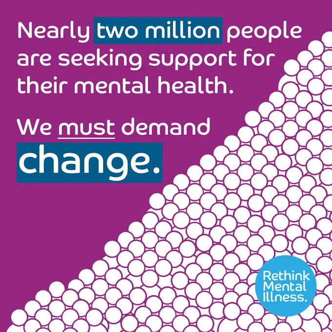 Graphic with text saying "Nearly two million people are seeking support for their mental health. We must demand change." Background is purple with a design made of hundreds circles, to represent the people waiting for mental health support. It features the logo for Rethink Mental Illness.