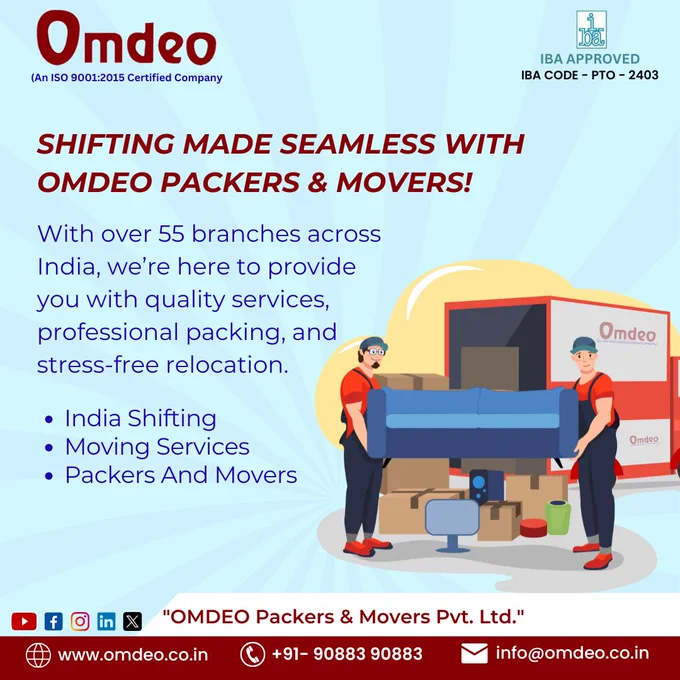 Graphic promoting Omdeo Packers & Movers, highlighting seamless shifting services with over 55 branches across India, professional packing, and stress-free relocation solutions.