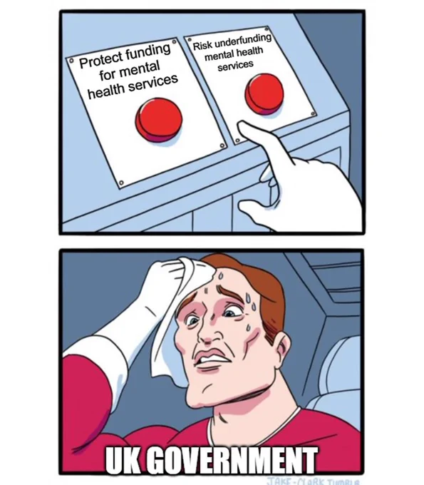 A popular meme template depicting a dilemma faced by the UK Government, represented by a person choosing between two buttons: one labeled "Protect funding for mental health services," the other "Risk underfunding mental health services."